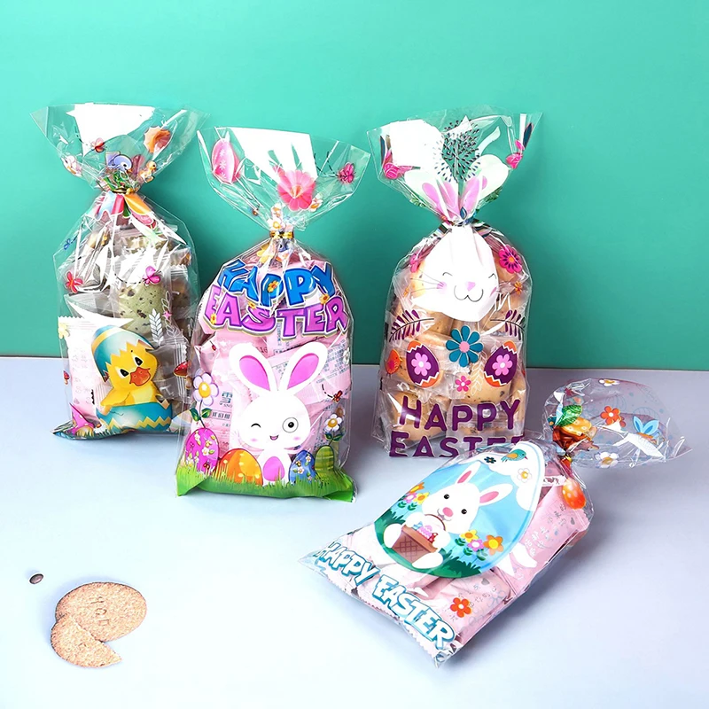 50Pcs Easter Gift Bags with Tie Wire Easter Candy Cookie Bags Cute Bunny Eggs Plastic Packaging Pouch Happy Easter Decorations
