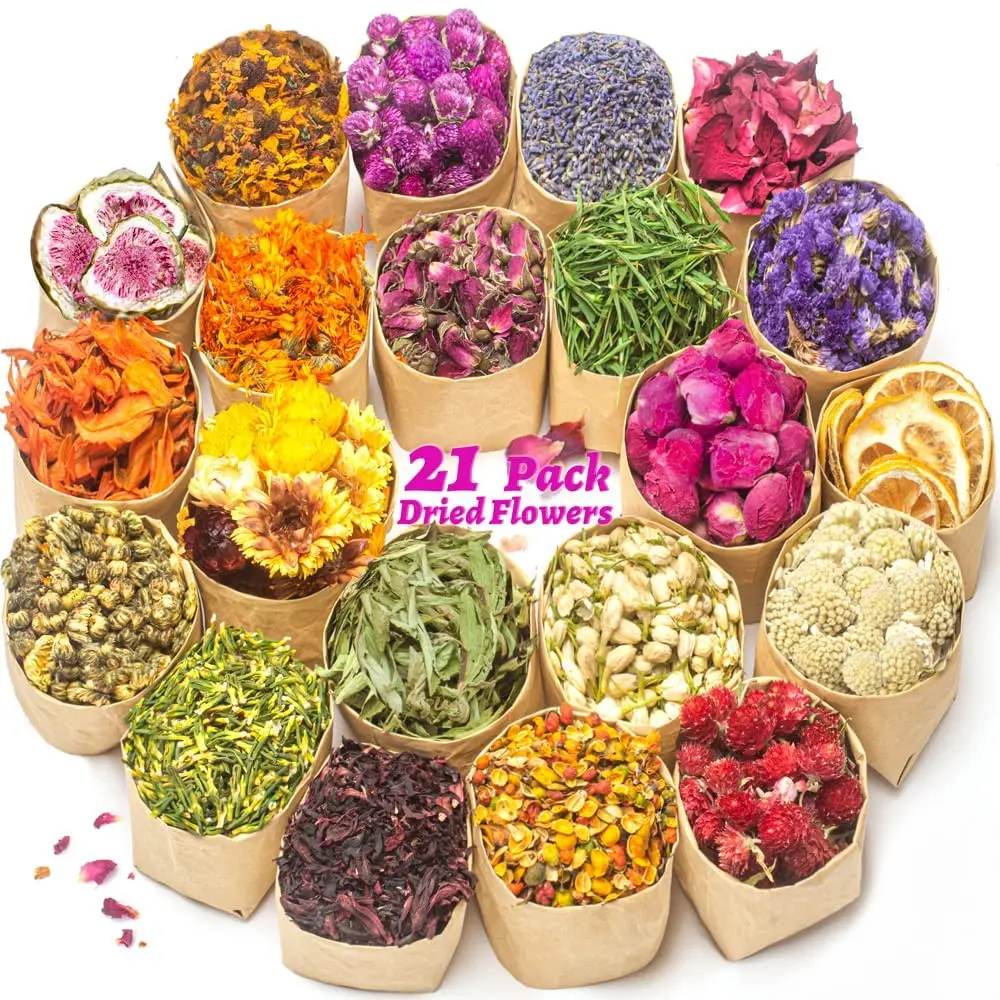 21Bags 100% Natural Dried Flower Herbal Set, Making Candles, Bath, DIY Resin Jewelry Lavender, Don't Forget Me, Lily, Rose Petal