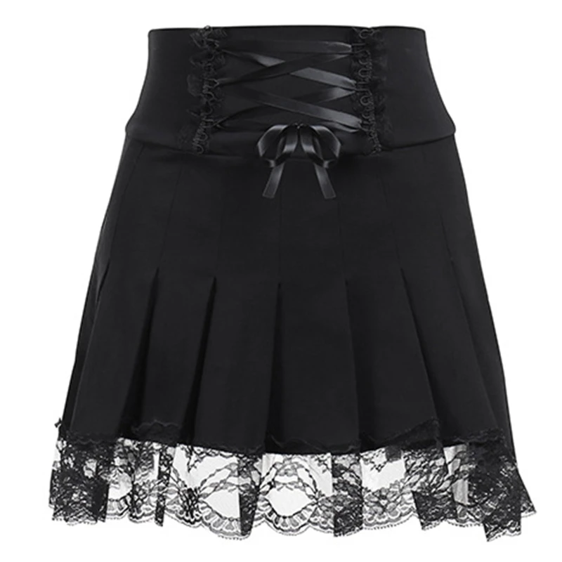 

Women Punk High Waist Lace-Up Pleated Flare Hem A-Line Lace Patchwork Mini Skirt