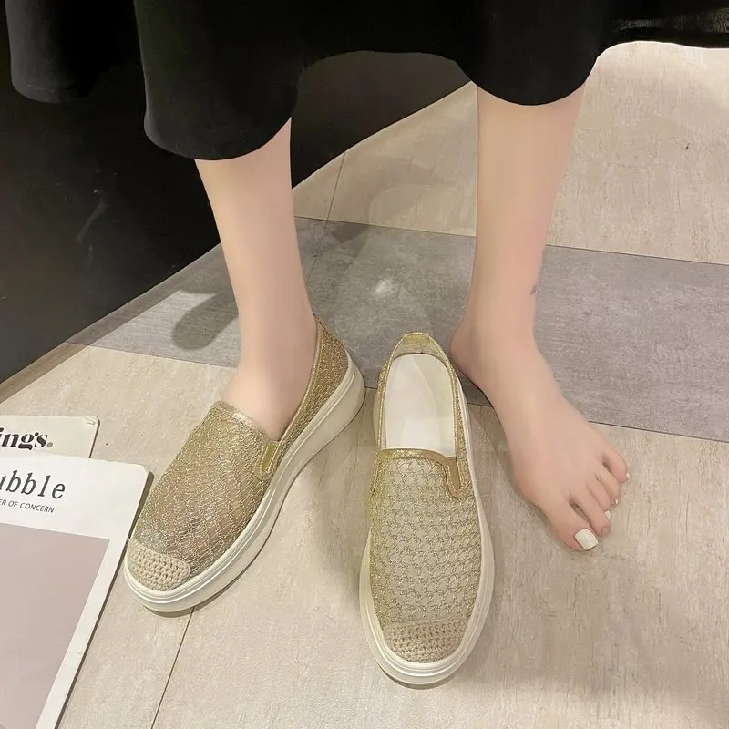 

Лоферы женские на платформе, повседневные кроссовки с закрытым носком, без застежки, криперы, круглый носок, летнее платье