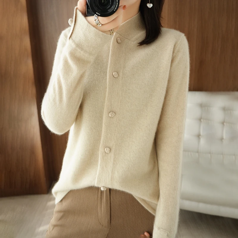 BELIARST 100%Pure Wool Sweater Autumn/Winter 2022 Women's Stand-up Collar Cardigan Casual Knit Tops Korean Fashion Female Ja