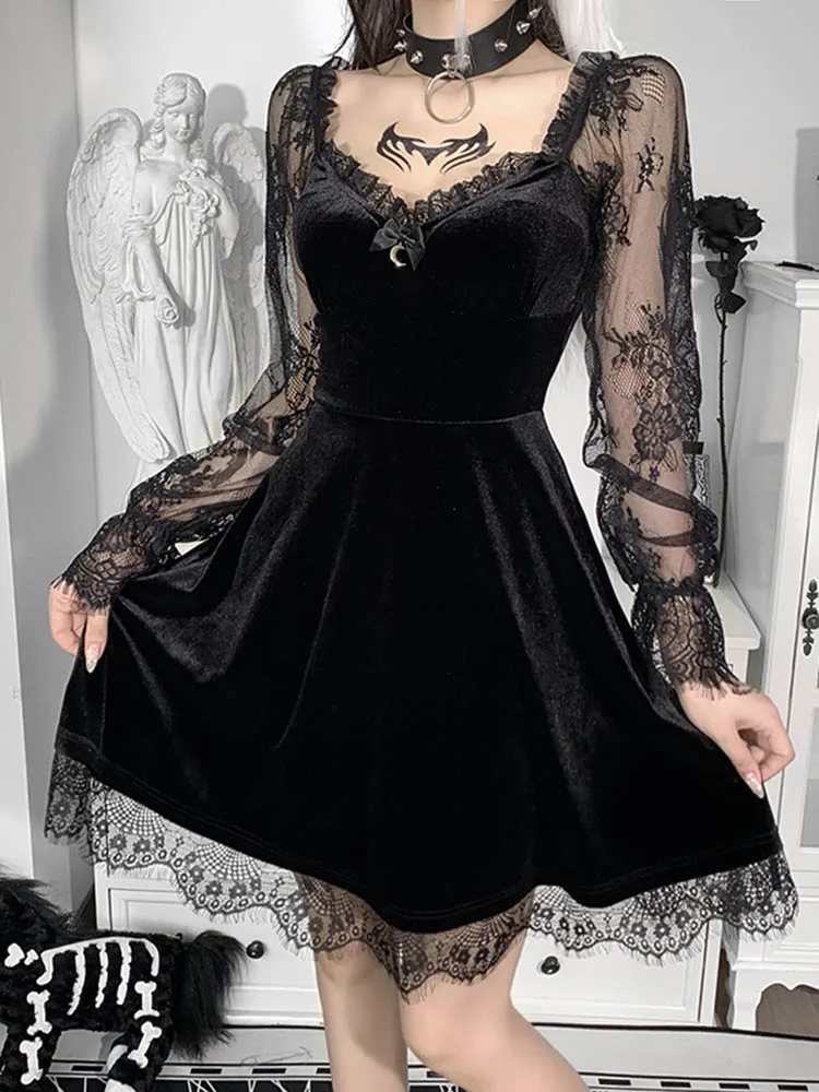 

XS-XXL Gothic A-Line Dress Vintage Women Sexy Lace Velvet Flared Sleeves Ruffle Dress Long Sleeve Mini Dresses Party Streetwear