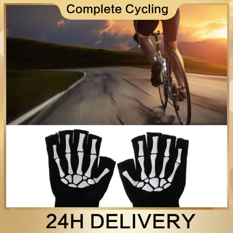

Autumn Winter Fingerless Gloves Non-slip Skull Bone Half Finger Gloves Skeleton Warm Knitting Outdoor Sports Cycling Gloves