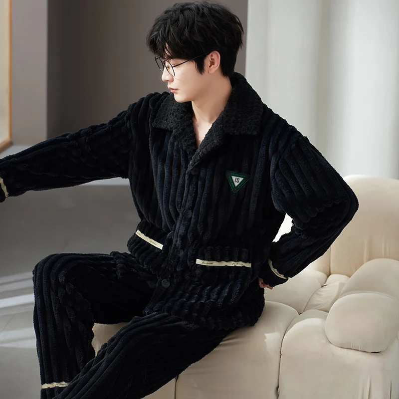QUHENG Flannel Men's  Autumn 2022 Winter Thicken Warm Pajamas Sets Male Long Sleeve Trousers Nightgown Sleepwear Home Clothing
