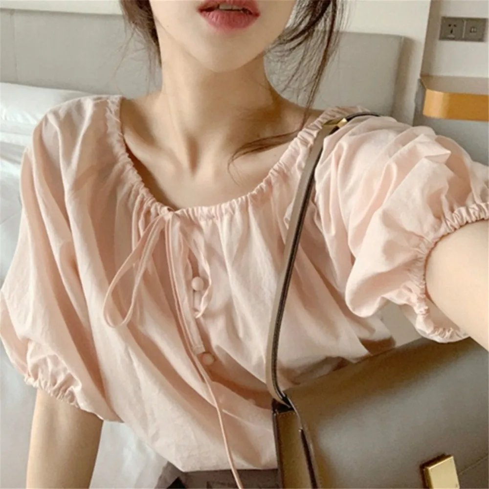 

2022 Women Fashion Blouse Round Neck Bow Tie Patchwork Short Sleeve Pullover Solid Color Slim Elegant Chic Fresh Ladies Blouse