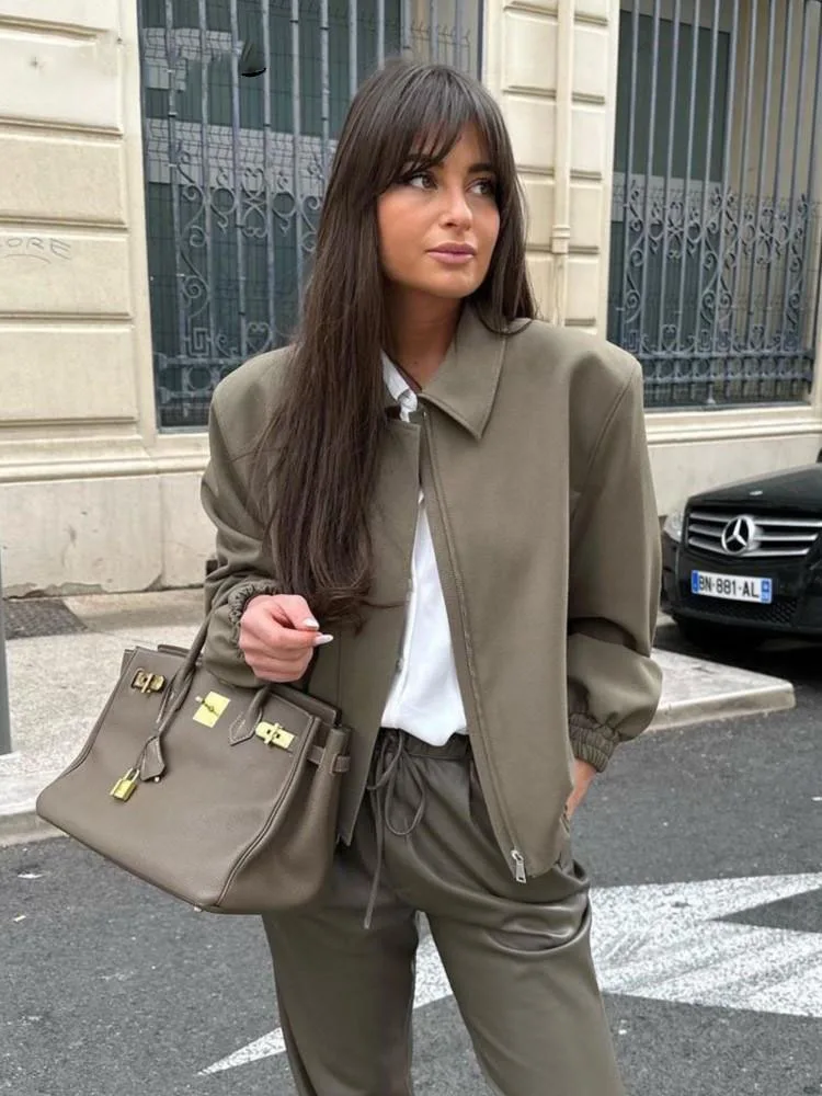 

Fashion Solid Bomber Jackets Women Elegant Lapel Zipper Short Coat 2023 Autumn Winter Casual Woman Long Sleeve Windbreak Coats