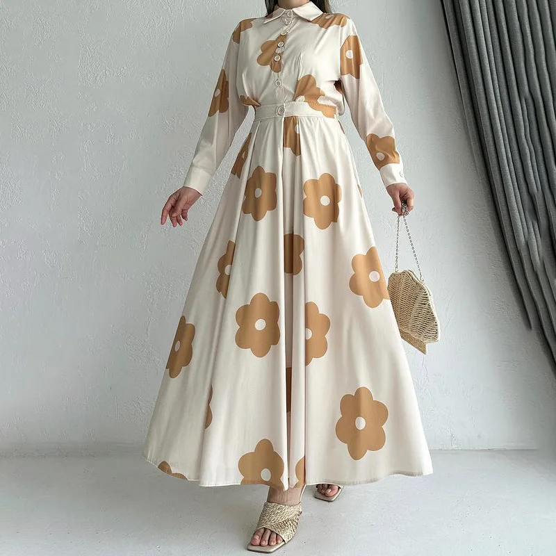 Ид Мусульманские женские платья-рубашки с цветочным принтом Рамадан Vestidos Largos