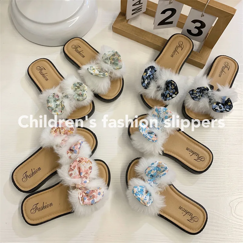 

Детские меховые шлепанцы, летние Плюшевые сандалии с бантом для принцессы, для родителей и детей, Корейская версия, модные тапочки для девочек