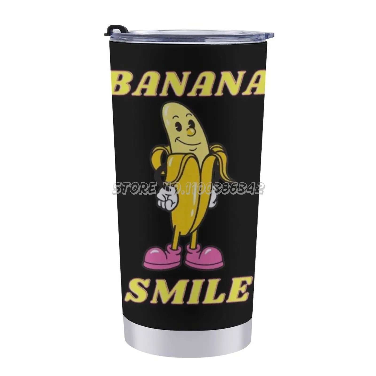 Путешественная кофейная кружка Banana Smile на 20 унций для автомобиля, изолированная от протечек, подобная желтому фрукту.