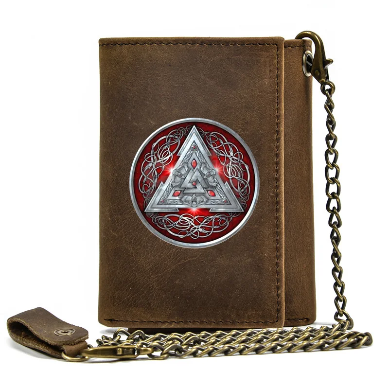 

Genuine Leather Men Wallet Anti Theft Hasp With Iron Chain Norse Mythology Viking Triangle Cover Card Holder Rfid Short Purse
