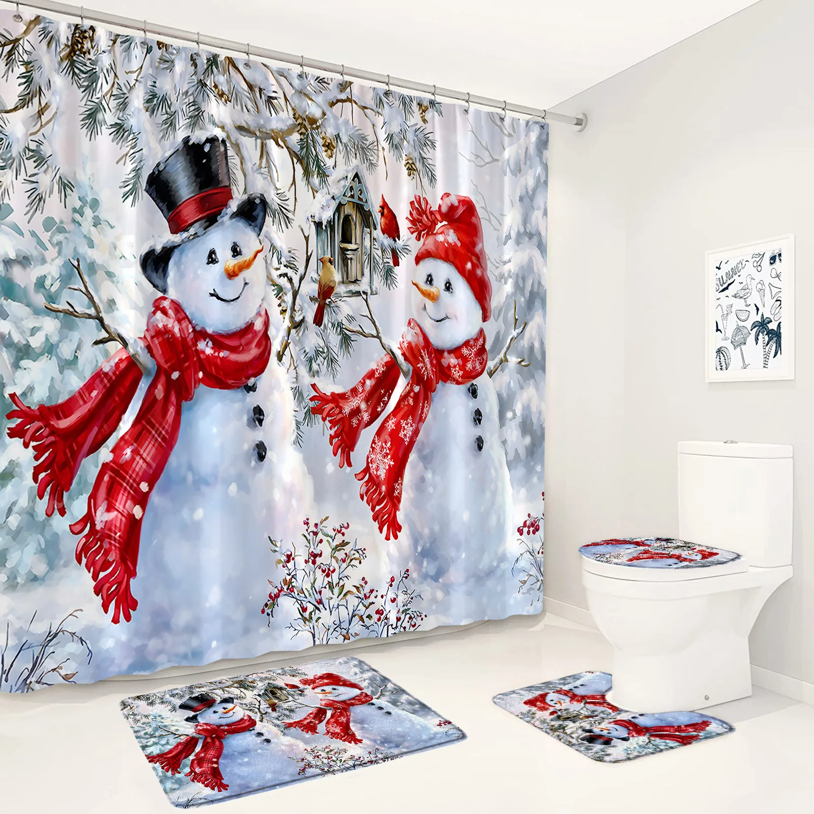 

Cute Snowman Christmas Shower Curtain Bath Mats Sets Cedar Bird Winter Forest Scenery Bathroom Decor Non-slip Rug Toilet Lid Mat