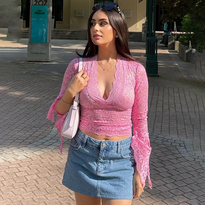 

Y2k Women Clothes Sexy Top Sexy Slim Fit Lace V-neck Flare Sleeves T-shirt Fashion Slim Fit Women's Tees Cropped Tops Clothing