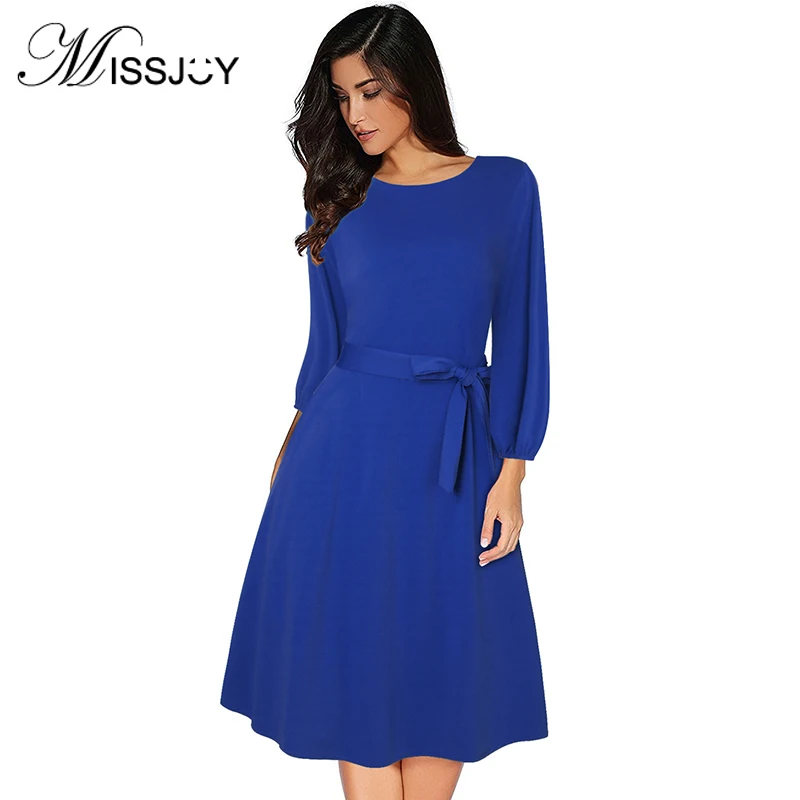 

MISSJOY Women Vintage 1950s 1940s 3/4 Sleeve Dress with Belted Wear to Work A-line Boat Neck Knee Length Swing Party Dress