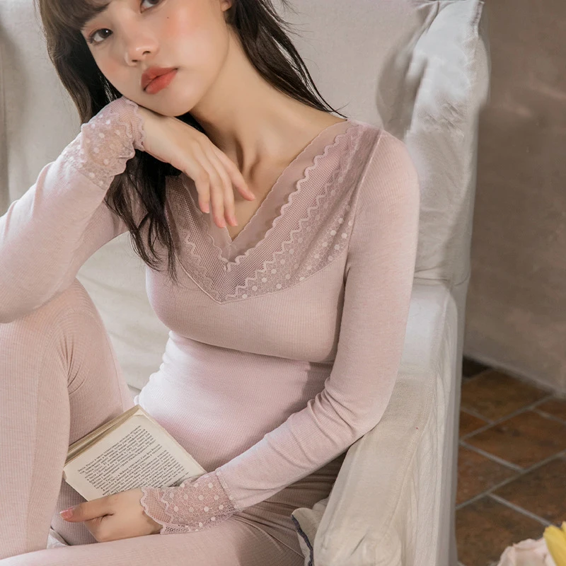 Womens Thermal Underwear Set Basic Lace Dots Pullover Intimate 2022 Autumn Winter Long Sleeves Deep V Neck Seamless Shaper