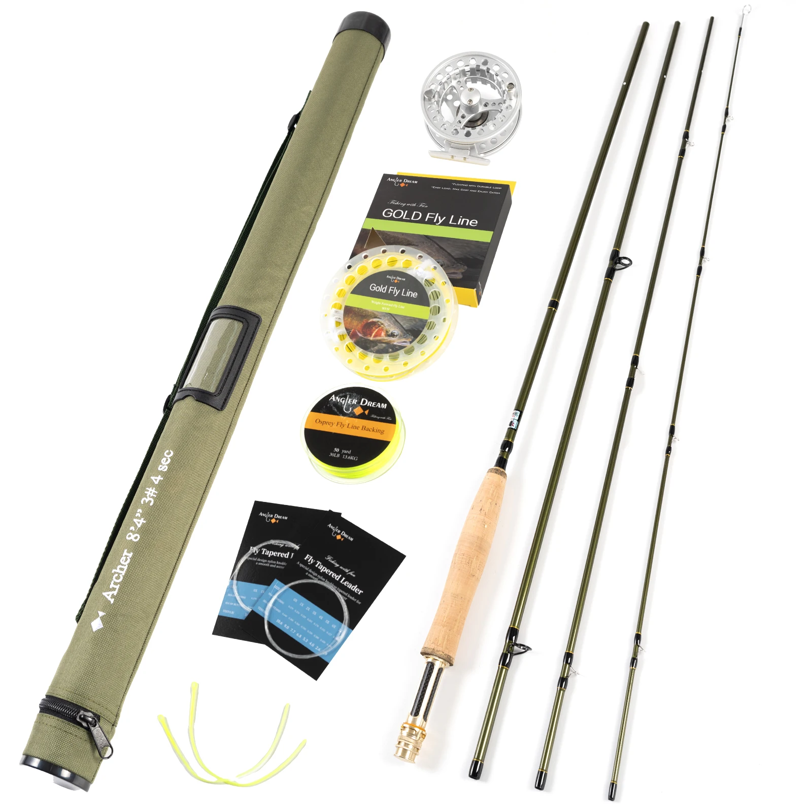 

8'4'' 3WT 4Pieces Carbon Archer Fly Fishing Rod&3/4WT Silver Reel Gold Line Combo Green Fly Rod Graphite 10 / 36T Carbon Fiber