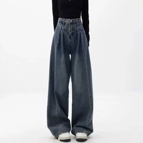 Lucyever Vintage Blue High Waist Women Jeans American Fashion Streetwear Wide Leg Denim Pants Spring Y2K Baggy Trousers Female