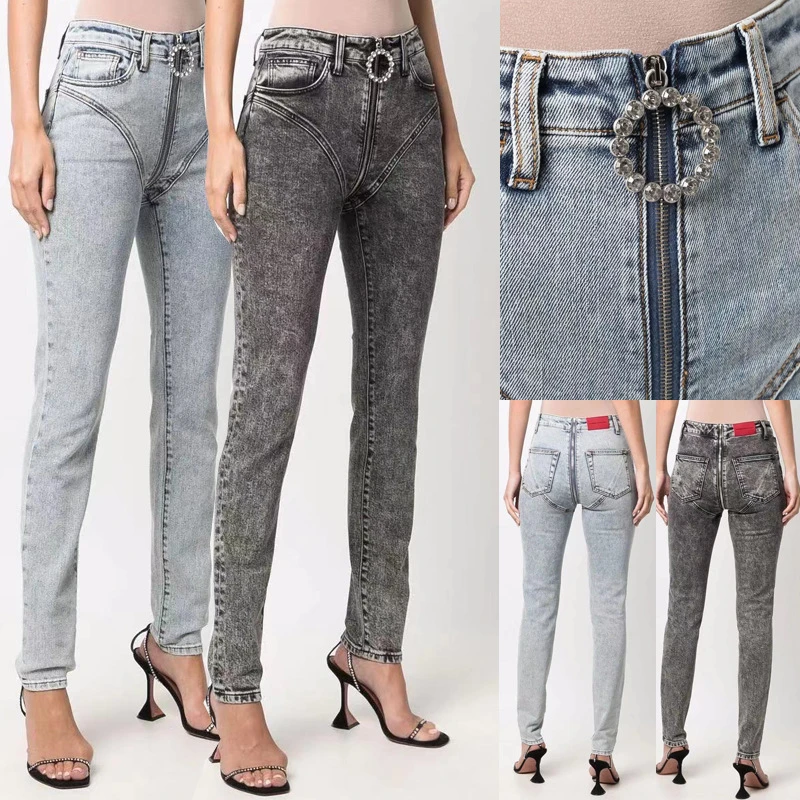 

2022 New Cotton High Waist Crystal Decorated Retro Washed Denim Trousers Women's Zipper Tight Stretch Feet Jeans Pencil Pants XL