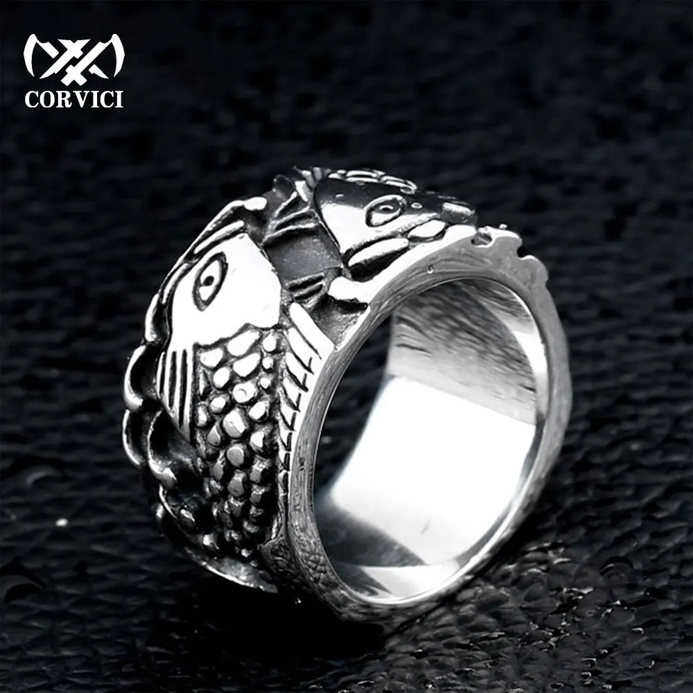 

2022 Double Carp Fish Punk Rings Stainless Steel Vintage For Motorcycle Biker Man Gothic Rock Mens Animal Finger Ring