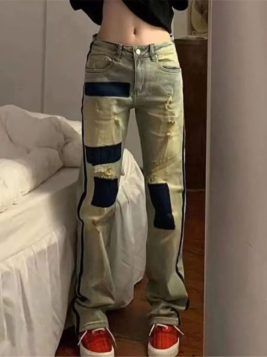 

Повседневные модные женские джинсы в стиле хип-хоп, прямые брюки с широкими штанинами для девочек, женские брюки в стиле Харадзюку, крутая джинсовая сумка, рваные джинсы для женщин
