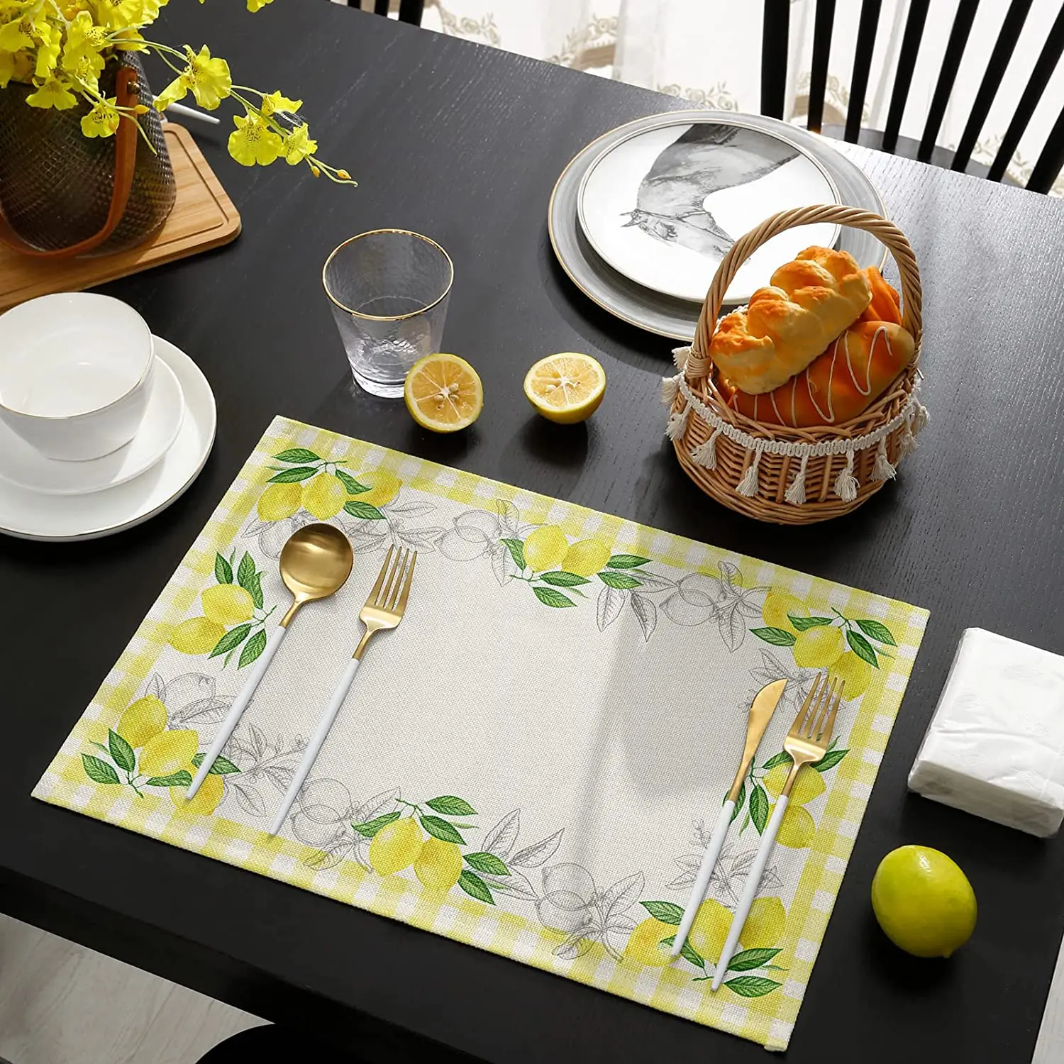 

Placemats Farm Fresh Watercolor Lemon Summer Citrus Fruit Yellow Buffalo Check Plaid Heat Resistant Place Mat Stain Placemat
