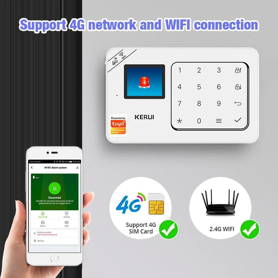 Фото KERUI WiFi GSM комплект противоугонной сигнализации для дома, беспроводная охранная сигнализация Tuya Smart Life App, защита безопасности Alexa W181 №3