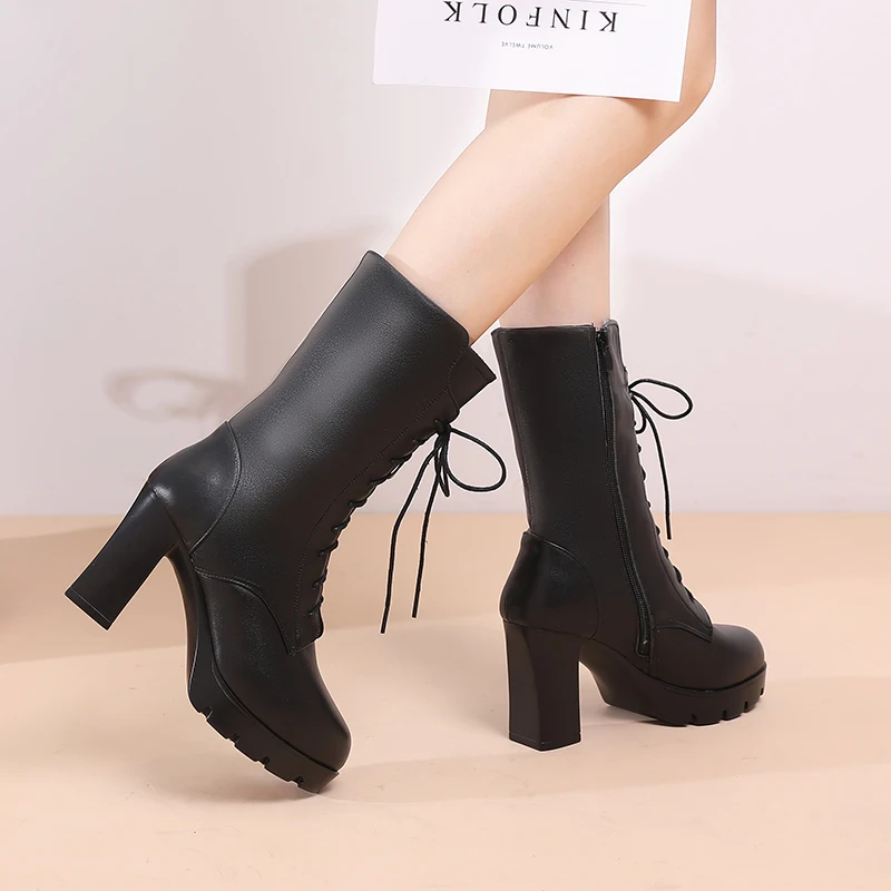 AIYUQI Women Winter Boots Genuine Leather 2023 New High Heel Mid Boots Women Natural Wool Warm Platform Women Boots
