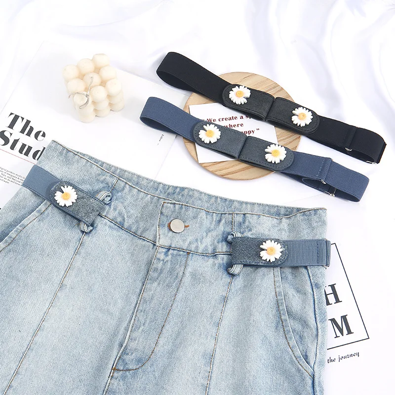 Women Lazy Casual Belts Buckle-Free Jeans leather Belt Waist Elastic Invisible New Fashion Design Flower Style
