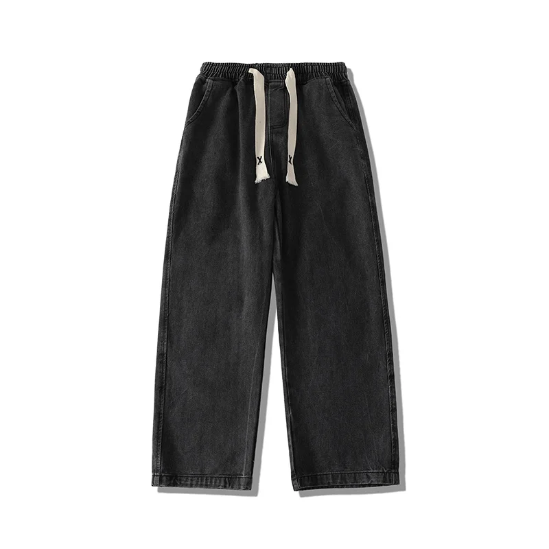 Blue Black Baggy Jeans Men Fashion Drawstring Casual Straight Jeans Mens Japanese Streetwear Hip-hop Loose Denim Trousers Men