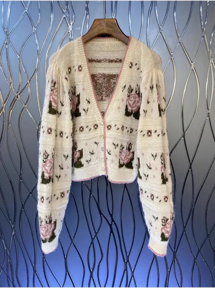 

Женский трикотажный кардиган с V-образным вырезом и цветочным принтом
