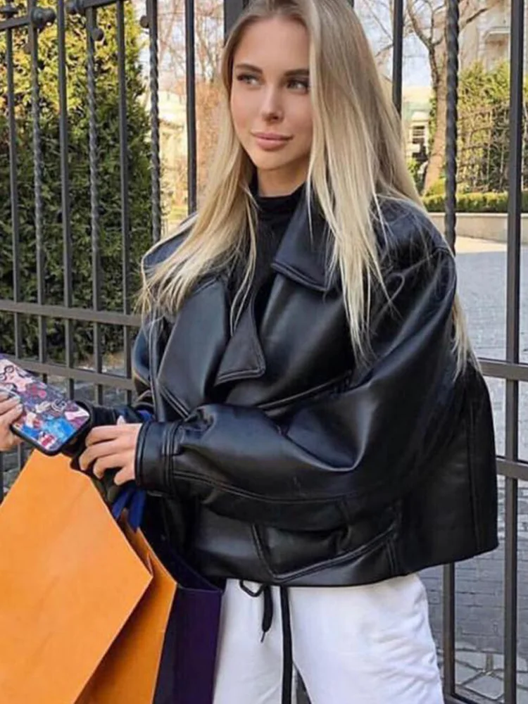 

New Autumn Women Faux Leather Jacket Pu Motorcycle Biker Red Coat Turndown Collar Loose Streetwear Black Punk Outerwear