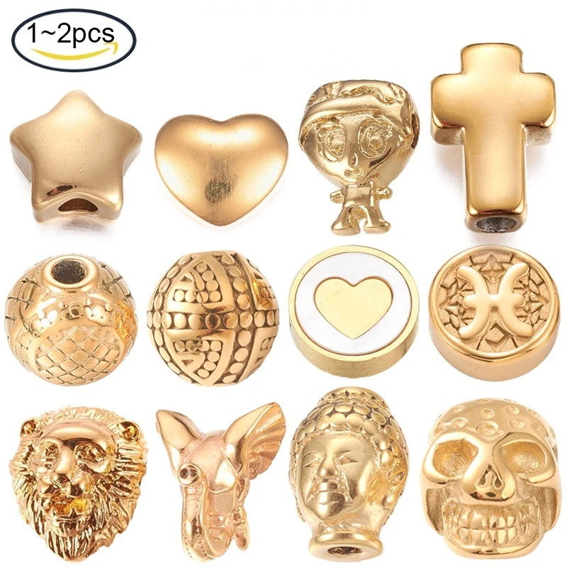 

1-2PCS 13x11.5x10.5mm Golden 304 Stainless Steel Beads Lion Head Hole: 3mm For Jewelry Bracelet Earrings Making