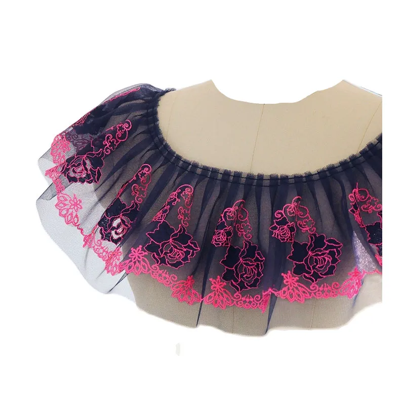 Плиссированная Тюлевая отделка двухслойная сетчатая ткань с цветочной вышивкой