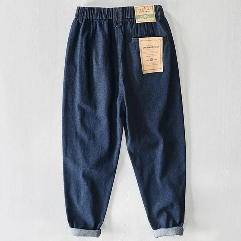 Men Jeans Cargo Pants Cotton Male Elastic Waist Cargo Pants Sashes Casual Mid Waist Loose Fit Trouser