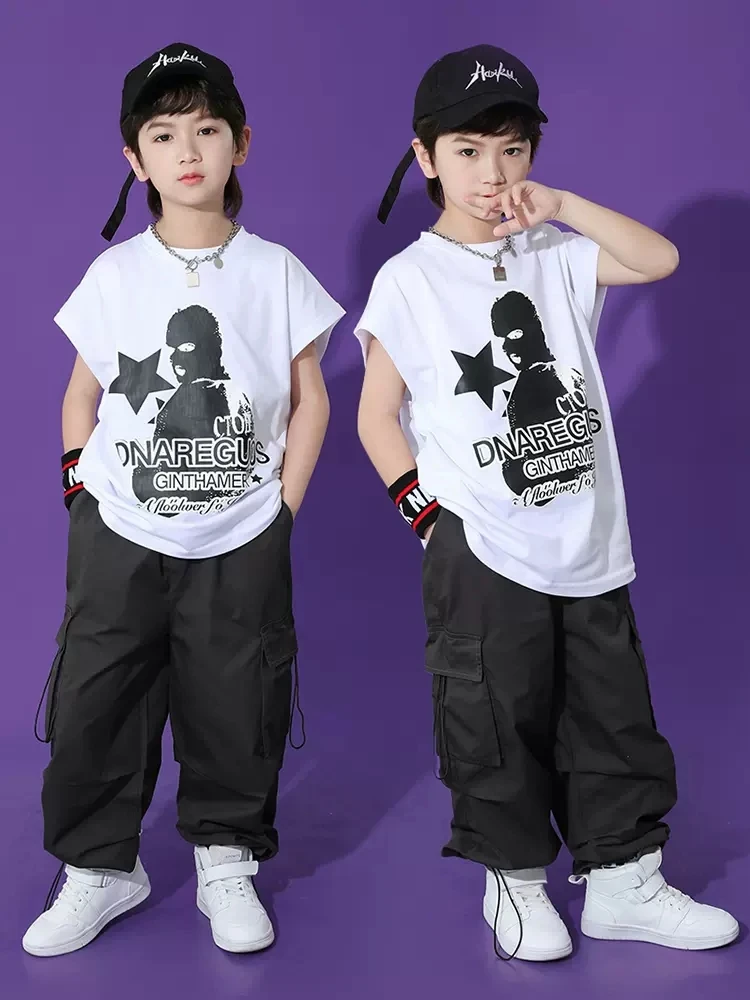 

Костюм для мальчиков в стиле хип-хоп, одежда для джазовых танцев для девочек, белая футболка, свободные брюки, детская одежда для выступлений в стиле хип-хоп, сценическая одежда BL10649