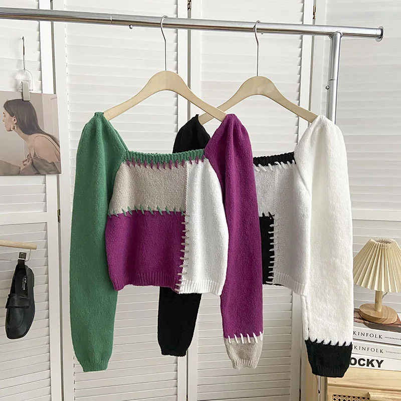 

Knitted Sweater Korean Style Women Square Collar Sweaters Short Color Blocking Pullover Casual Ladies Slim Clothes Dropshipping