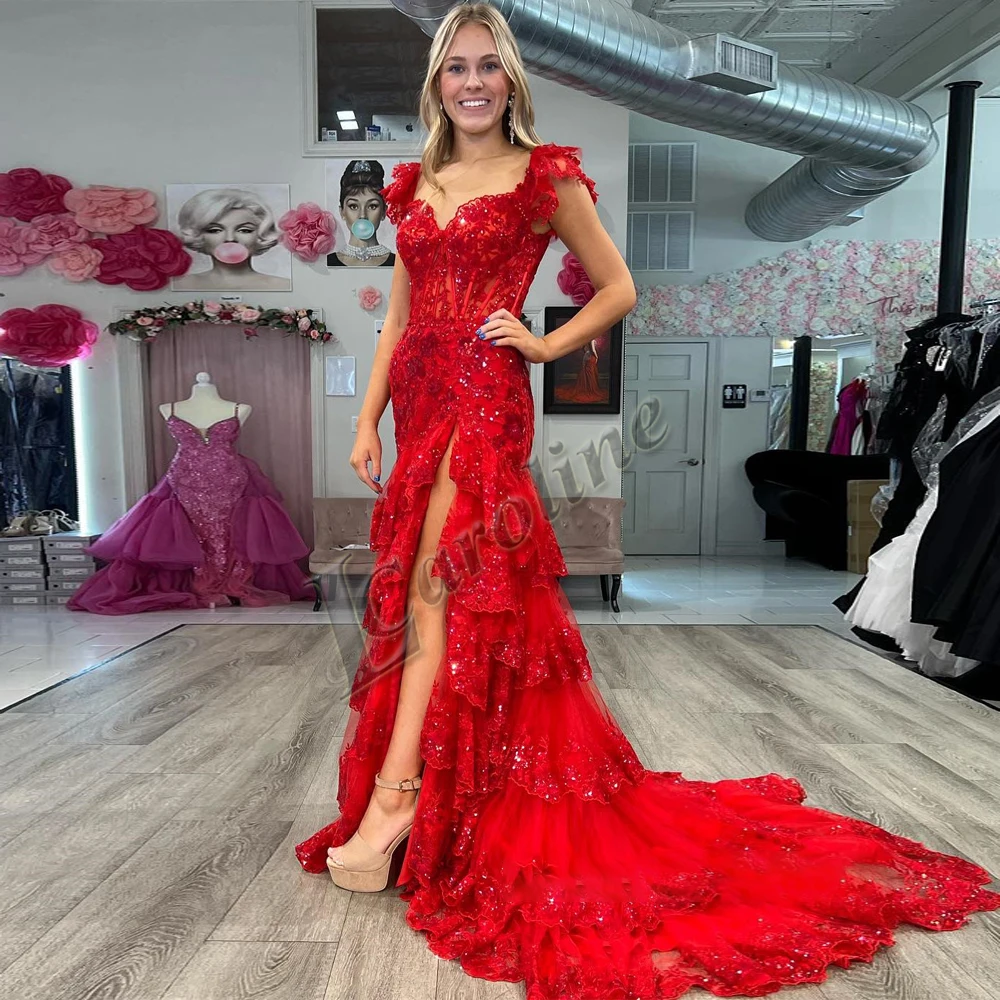 

Caroline Glamorous Tulle Sleeveless Evening Dresses For Women 2024 Appliques Sequin Bling Slit Personalised Vestido De Fiesta