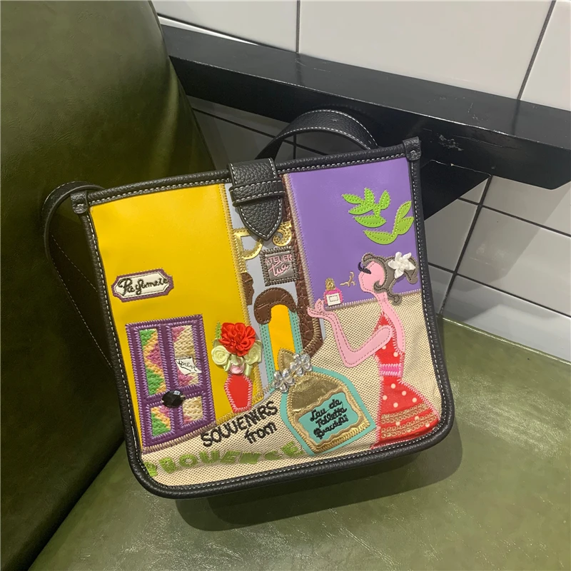 Women Bags Canvas Patchwork Embroidery Purse Cross Body Messenger Bag Shoulder Bags Braccialini Style Art Cartoon Perfume Girl