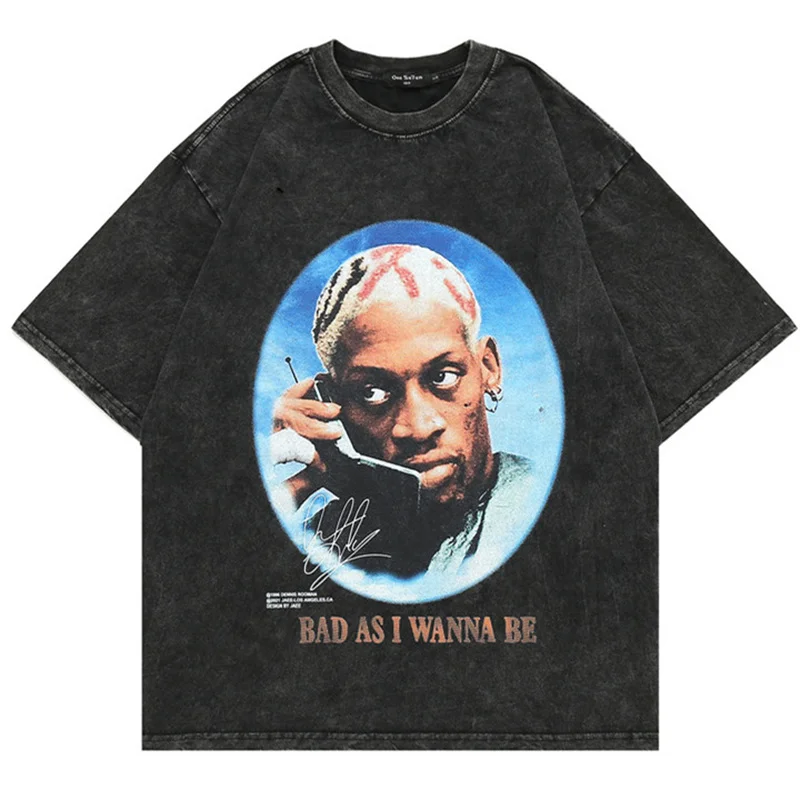 Hip Hop T Shirt Men Washed Streetwear Dennis Rodman Printed Vintage Cotton T-shirts 2023 Punk Oversized Short Sleeve Loose Tees