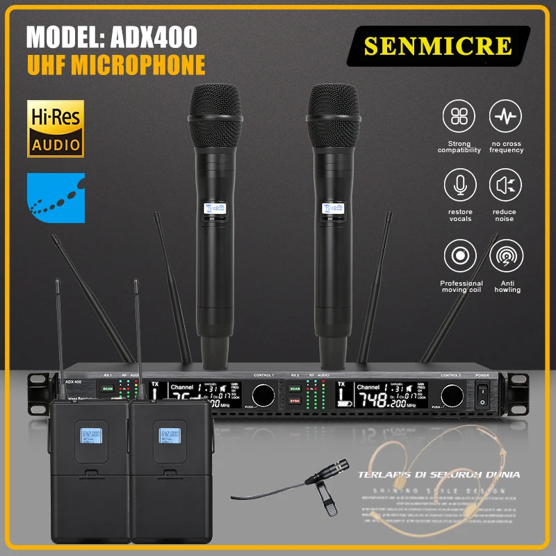 

Senmicre ADX400 профессиональный беспроводной микрофон, Двухканальный UHF, истинное разнообразие, Беспроводная микрофонная система для выступлений на сцене