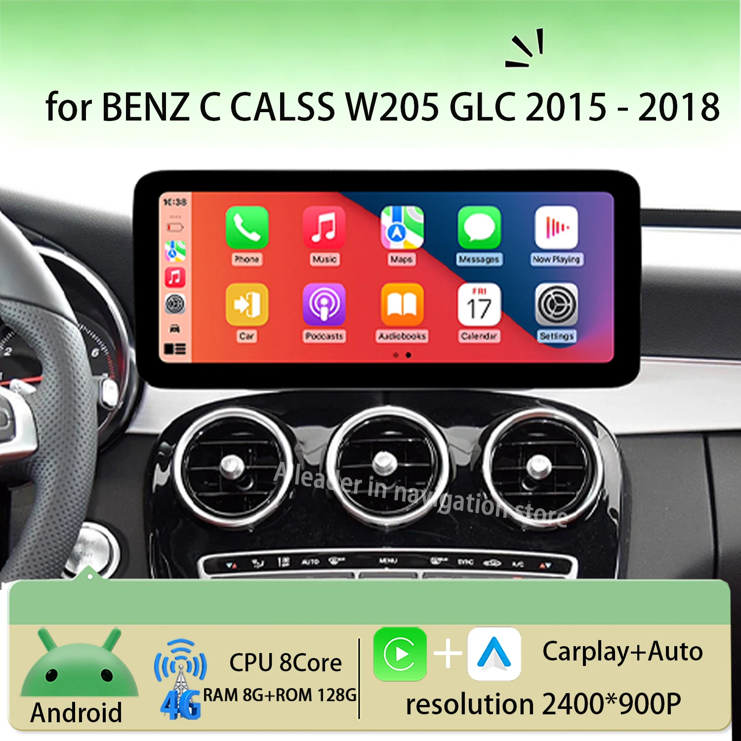Фото Мультимедийный видеоплеер для автомобилей Android 16 для BENZ C-Класса W205 GLC 2015-2018 с беспроводным Auto Carplay, GPS-навигацией и QLED-экраном №1