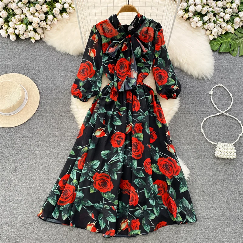

Mid-Length Black Chiffon Dress Women Spring Summer New Flower Printing Bow Lace-up Puff Sleeve Female High Waist Dresses Vestido
