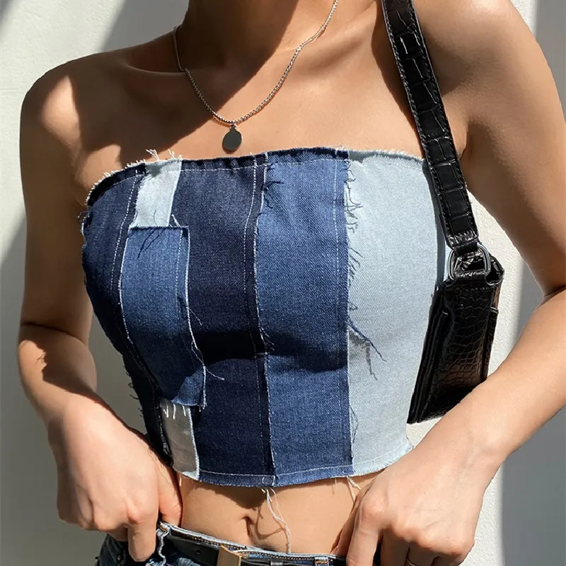 Women's Sexy Strapless Corset Top Off Shoulder Patchwork Backless Lace-Up Tube Top Denim Chest Wrap Cropped Vest Clubwear