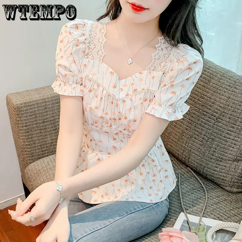 

Puff Sleeve Top Blouses Tops Women Shirts Blouses Square Collar Pullover Summer Casual Shirts