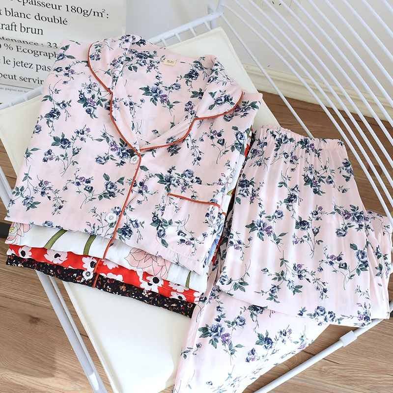 NEW 100% Viscose Women Pajamas Casual Long Sleeve Sleepwear Pajamas Set Flower Printed Spring Summer 2PCS Pyjama Suit