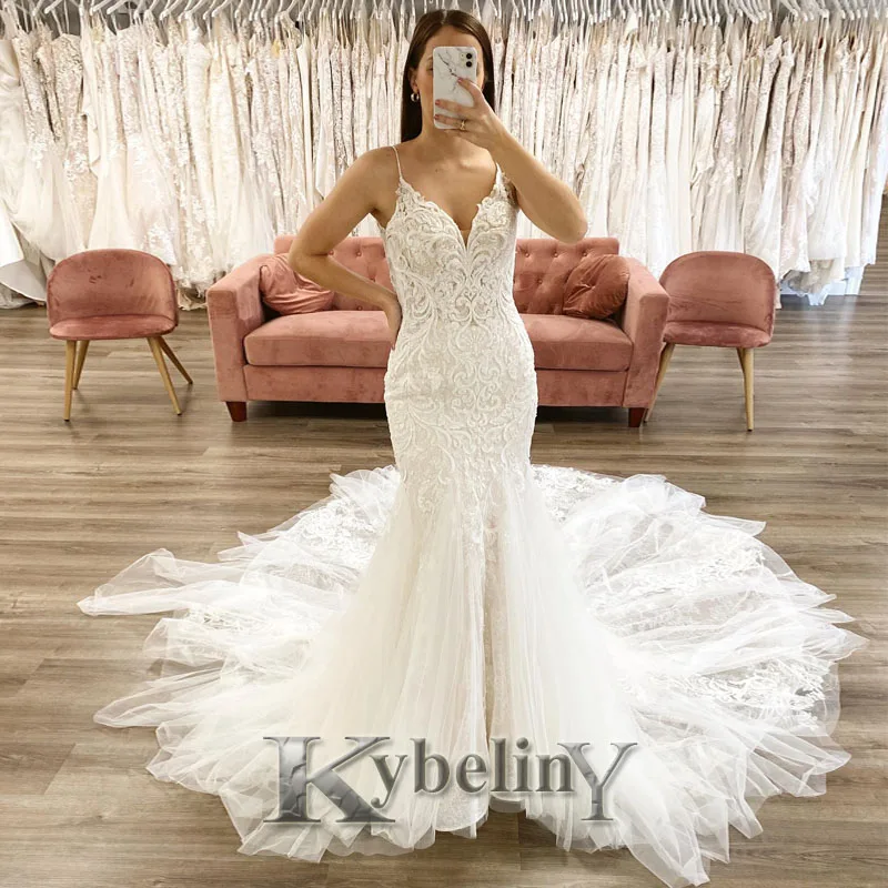 

Gabriellar Mermaid Wedding Dress Spaghetti Strap Exquisite V-Neck Appliques Chapel Mopping Gown Vestido De Novia 2022 Women