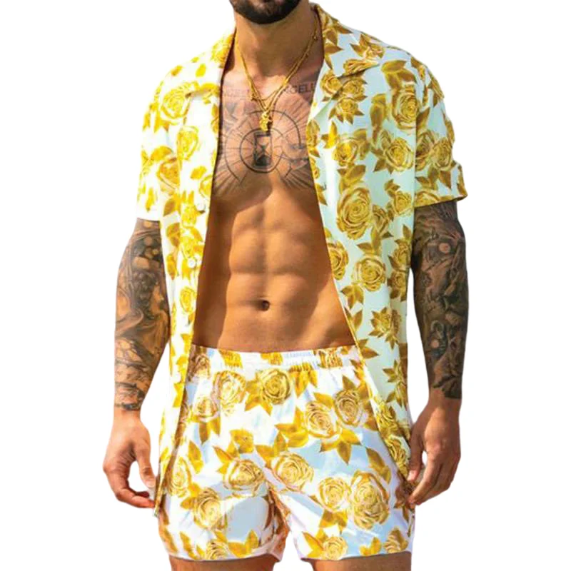 

Men's 2 piece Set Summer Beach Print Flower Hawaiian Shirt and Shorts Casual Fashion Clothing 2022 Newest Europe America Style
