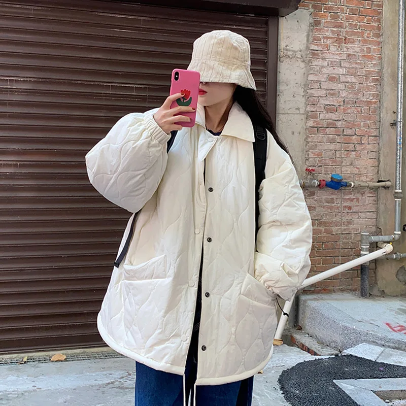 Quilted Jacket for Women Fall Winter 2022 Thicken Warm Turn Down Collar Button Up Insole Lamb Wool Coat Fashion Oversize Parkas