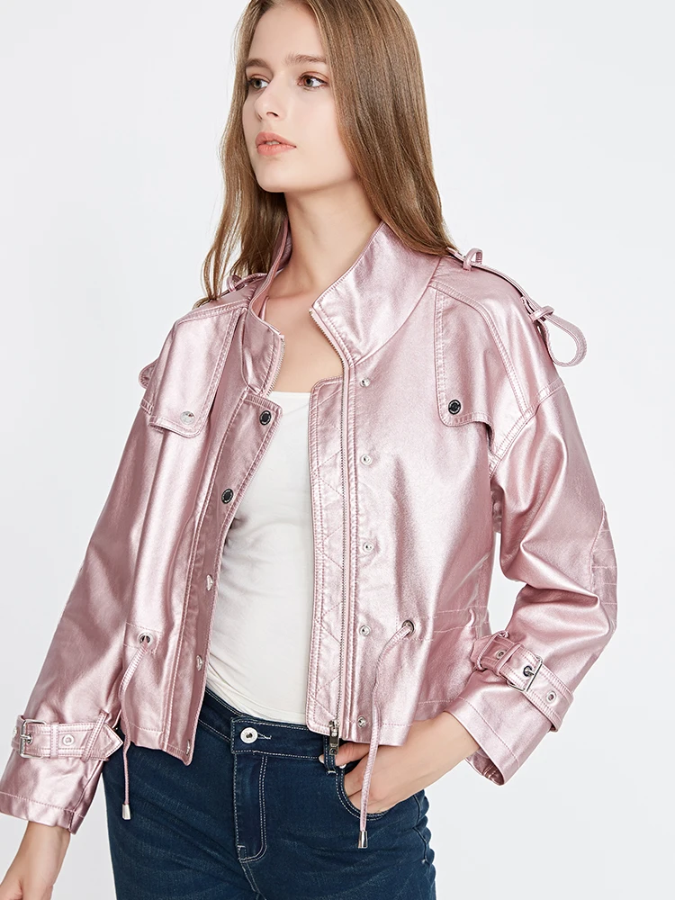 

Ailegogo New Spring Women Moto Biker Light Color Faux Leather Short Jacket Streetwear Female Loose Zipper Coat Ladies Outwear