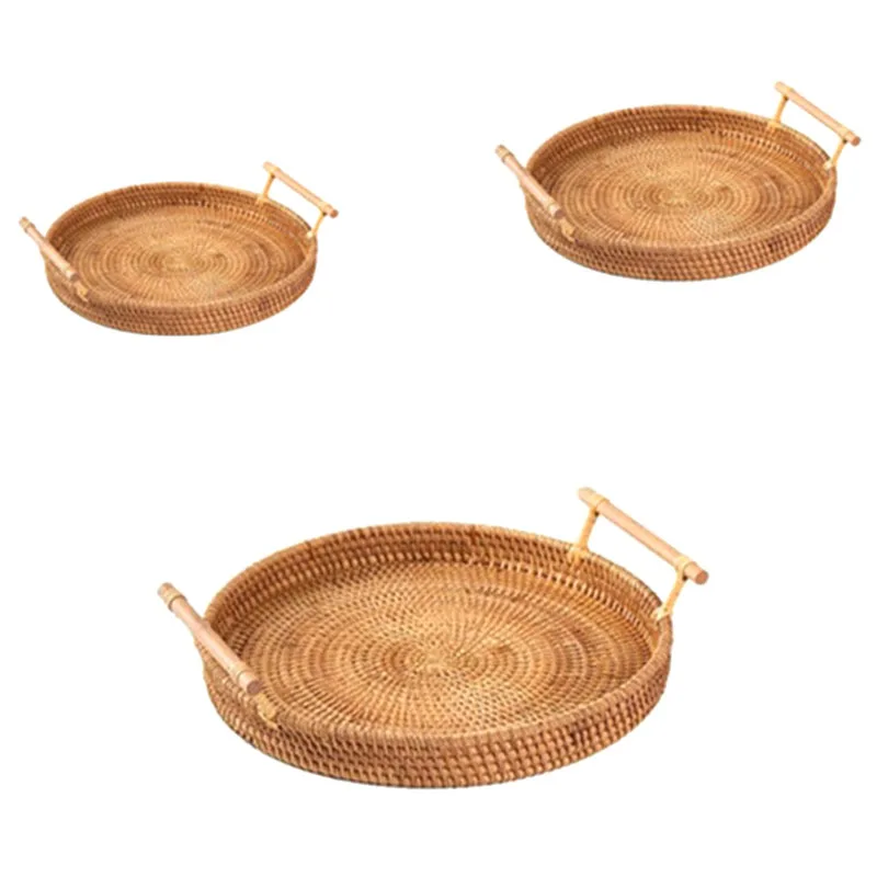 

3PCS Rattan Storage Tray, Round Basket with Handle, Hand-Woven, Rattan Tray Wicker Basket Bread Fruit Food Display