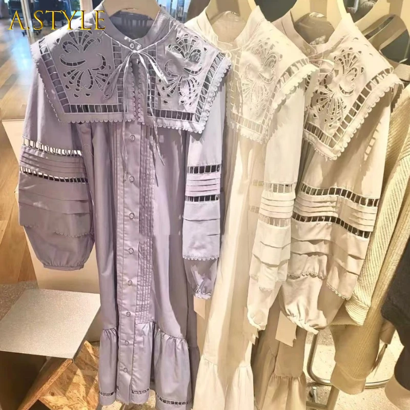 

A Girls Embroidery Hollow Out Sweet Dress Women Sailor Collar Lantern Sleeve Single Breasted Dresses Solid Color Loose Vestidos